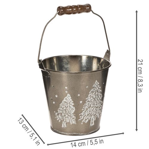 Dekoratyvinis kibiras su eglėmis ir medine rankena, 13 cm | Floristik24.lt