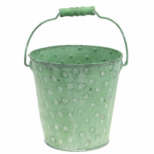 Floristik24 Dekoratyvinė kaušinė sėjamoji su taškeliais metalo žalia skalbta Ø13cm H12,5cm