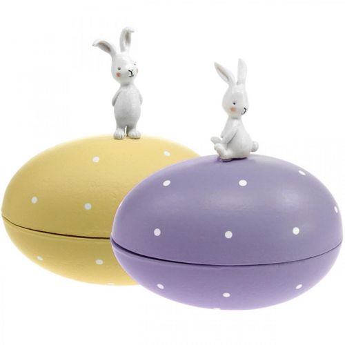 Kiškutis ant kiaušinio, dekoratyvinis kiaušinis užpildymui, Velykos, dekoratyvinė dėžutė geltona, violetinė H17/16cm L15cm 2 rinkinys