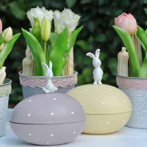 Floristik24 Kiškutis ant kiaušinio, dekoratyvinis kiaušinis užpildymui, Velykos, dekoratyvinė dėžutė geltona, violetinė H17/16cm L15cm 2 rinkinys