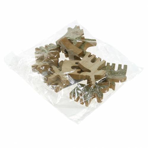 Floristik24 Taškinė dekoracija Kalėdinė briedžio mediena auksinė, blizgučiai 5×5,5cm 12 vnt