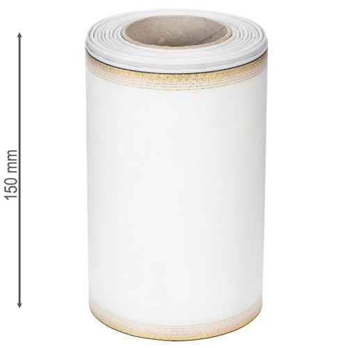 Elegantiška muaro vainiko juostelė su auksiniu kraštu, vestuvių dekoracija, gedulo juostelė, balta 150 mm x 25 m | Floristik24.lt