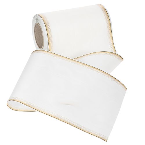 Elegantiška muaro vainiko juostelė su auksiniu kraštu, vestuvių dekoracija, gedulo juostelė, balta 150 mm x 25 m | Floristik24.lt