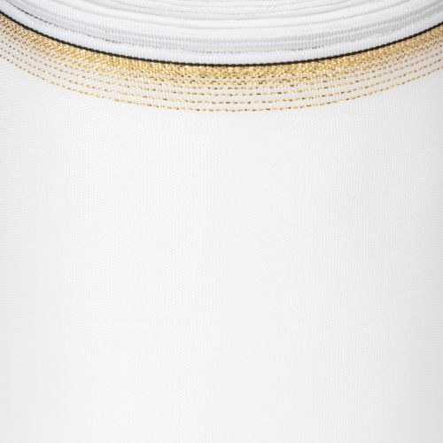 Elegantiška muaro vainiko juostelė su auksiniu kraštu, vestuvių dekoracija, gedulo juostelė, balta 150 mm x 25 m | Floristik24.lt