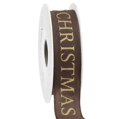 Elegantiška kalėdinė tamsiai rudos spalvos juostelė su auksiniu užrašu &quot;Merry Christmas&quot;, plotis 25 mm, ilgis 15 m