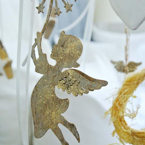 daiktų Angelas su kiaulpiene, kalėdinis papuošimas, dekoratyvinis pakabukas, metalo puošmena auksinė senovinė išvaizda H16/15cm 4vnt.