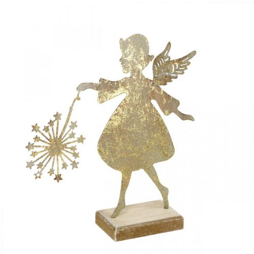 Floristik24 Dekoratyvinis angelas su kiaulpiene, Advento puošmena iš metalo, Kalėdų angelas auksinis antikvarinis vaizdas H21cm