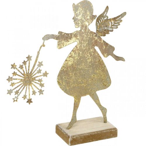 Floristik24 Angelas su kiaulpiene, metalo puošmena Kalėdoms, puošmena figūrėlė Advento aukso antikvarinis išvaizda H27,5cm