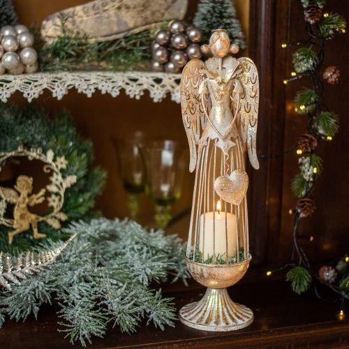 daiktų Angelo figūrėlė su širdele, Kalėdinė puošmena iš metalo, dekoracija angelas senovinis-auksinis H38cm