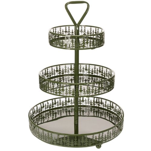 Metalinis serviravimo stovas, žalias, trijų aukštų, su eglės dekoracija, apvalus, 49 cm pirkti | Floristik24.lt