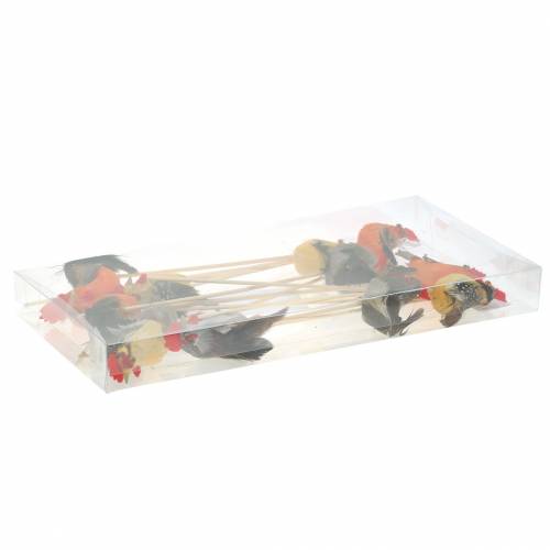Floristik24 Gaidys su tikromis plunksnomis ant pagaliuko oranžinis, geltonas, rudas asorti H5-6cm 12 vnt.