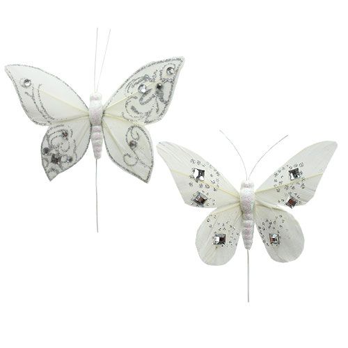Floristik24 Plunksninis drugelis su cirkoniais, blizgantis baltas 10,5cm 4vnt