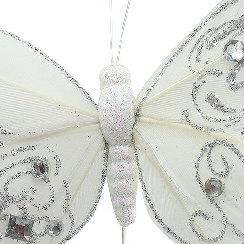 Floristik24 Plunksninis drugelis su cirkoniais, blizgantis baltas 10,5cm 4vnt