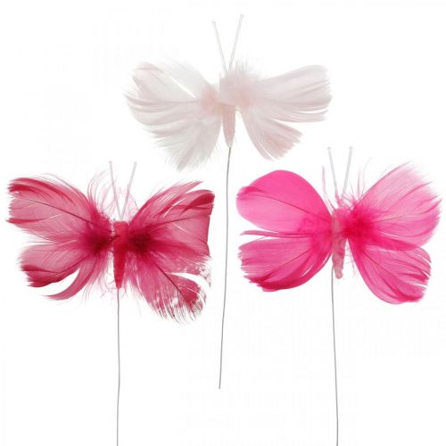Floristik24 Plunksniniai drugeliai rožinė/rožinė/raudona, deko drugeliai ant vielos 6vnt