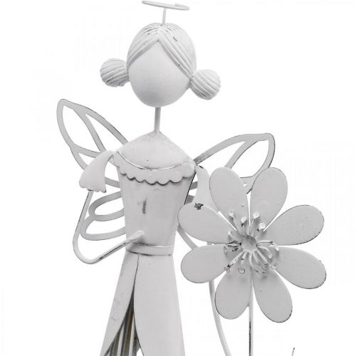 Žiedų fėja su gėle, pavasario puošmena, metalinis žibintas, gėlių fėja iš metalo balta H40,5cm