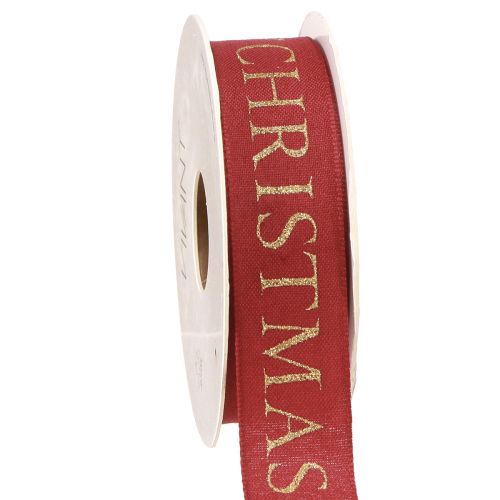 Floristik24 Šventinė kalėdinė raudona kalėdinė juostelė su auksine raide &quot;Merry Christmas&quot;, plotis 25mm, ilgis 15m