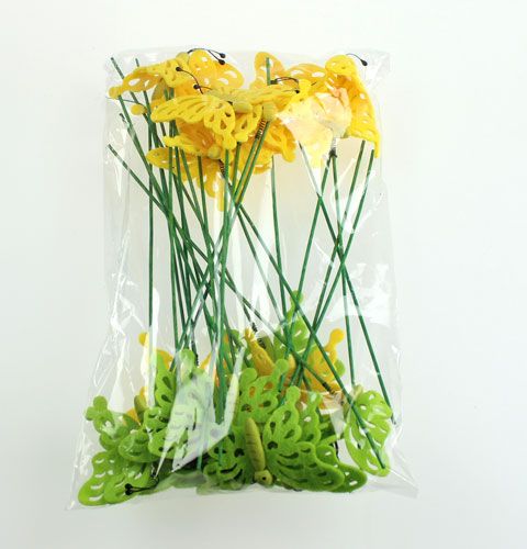 Floristik24 Veltinis drugelis ant pagaliuko 7cm žalia/geltona 24vnt