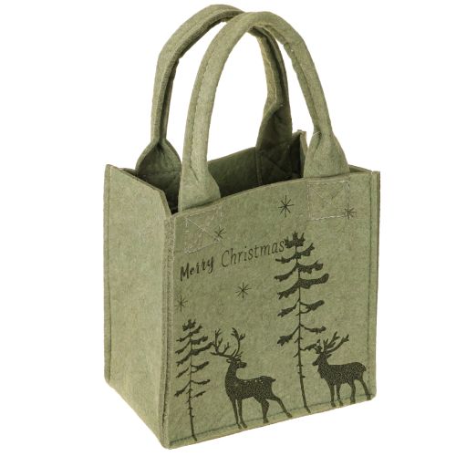 Veltinio maišelis „Merry Christmas“ mažas su rankenėlėmis, žalias, 15 × 10 cm