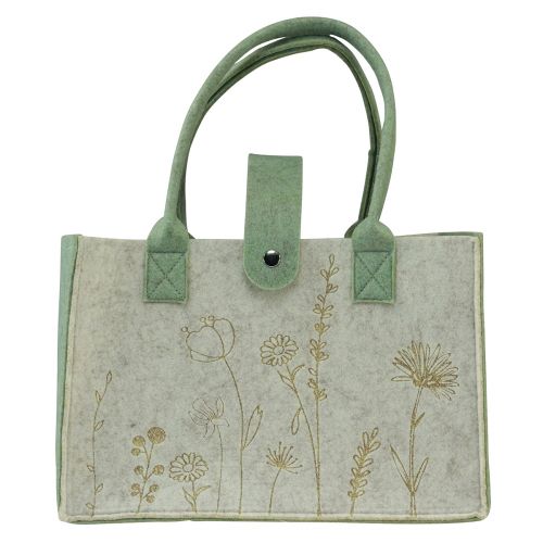 daiktų Veltinis krepšys su rankena su gėlėmis kreminės žalios spalvos 30x18x37cm