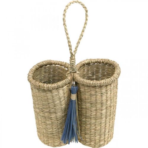 Floristik24 Buteliuko laikiklis iš jūržolių, pintas butelio krepšelis, balkono puošmena, dekoratyvinis krepšelis pakabinti gamtai, mėlynas A20cm P22cm