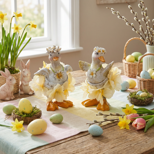 daiktų Dekoratyvinė anties figūrėlė su gėlėta suknele, pavasarinė, detalus vasaros dekoro aksesuaras, 11 cm, 2 vnt.