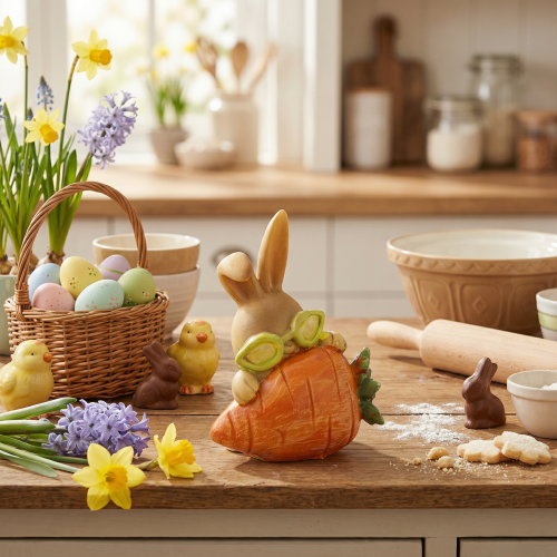 daiktų Dekoratyvinis triušis su morka, Velykų zuikučio dekoratyvinės figūrėlės, 6 cm, 3 vnt.