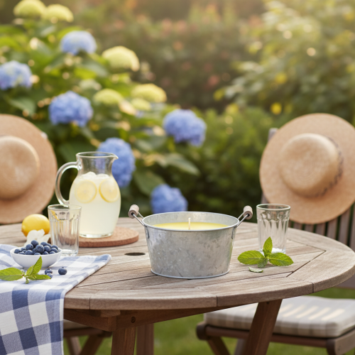 daiktų Lauko žvakė „Citronella“ kibirėlyje: atmosferinis apšvietimas ir vabzdžių atbaidymas, 15 cm