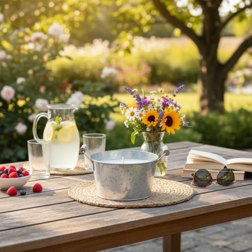 daiktų Žvakė cinko kibirėlyje, skirta atmosferiniam dekoravimui terasoje ir balkone, 15 cm