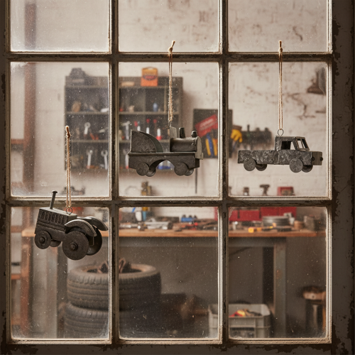 daiktų Vintažiniai dekoratyviniai metaliniai automobiliai pakabinimui, įvairių dydžių, 9-10 cm, 4 vnt.