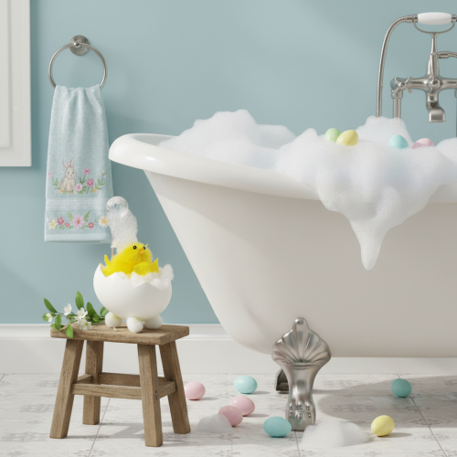 daiktų Velykinio viščiuko dekoracija, šenilinis viščiukas vonioje, geltonas, 9 cm