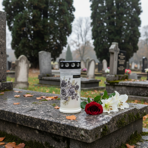 daiktų Baltos kapų žvakės su gėlių motyvais, Ø7,5 cm, aukštis 16,5 cm, 6 vnt.