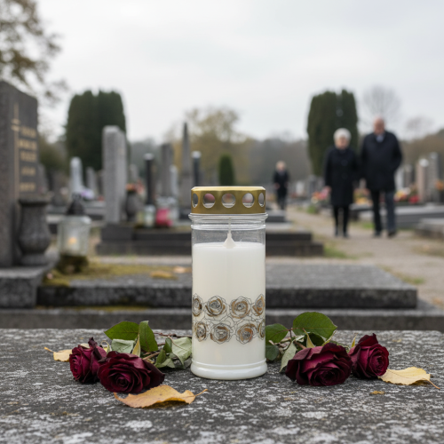 daiktų Kapo žvakė baltos rožės auksinė gedulo šviesa Ø7cm H18cm 77h