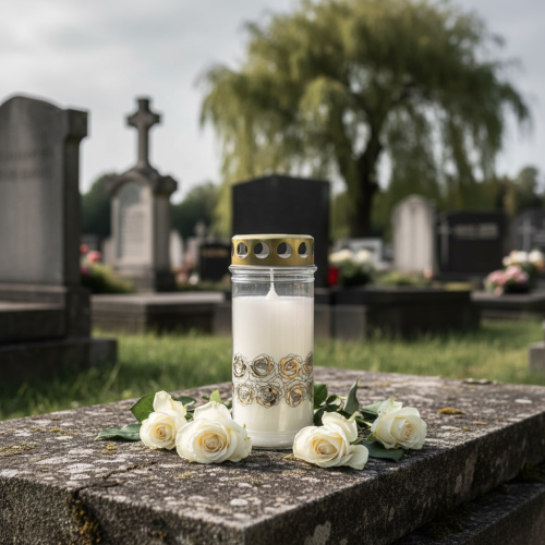 daiktų Kapo žvakė baltos rožės auksinė gedulo šviesa Ø7cm H18cm 77h