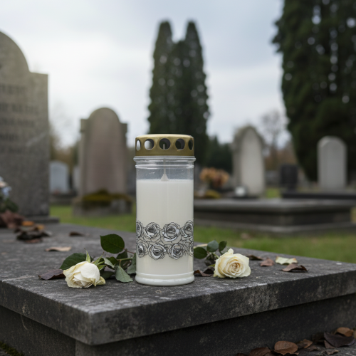 daiktų Kapo žvakė baltos rožės sidabrinė gedulo šviesa Ø7cm H18cm 77h