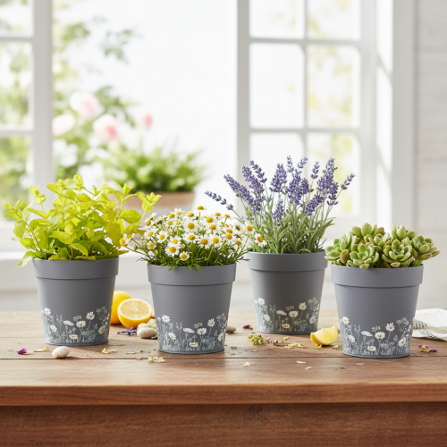 daiktų Gėlių vazonas su gėlių raštu moderniems namams ir vasaros balkono dekoravimui, 13 cm, 4 vnt.