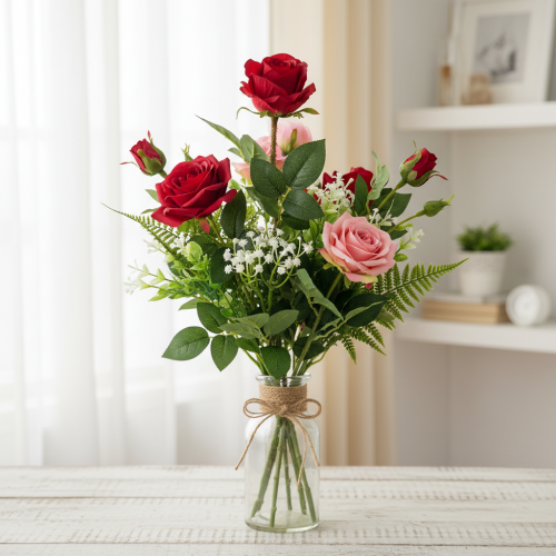 daiktų Dirbtinė rožės šakelė, šilko gėlė, raudona, 72 cm