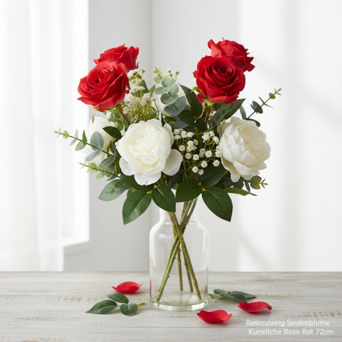 daiktų Dirbtinė rožės šakelė, šilko gėlė, raudona, 72 cm