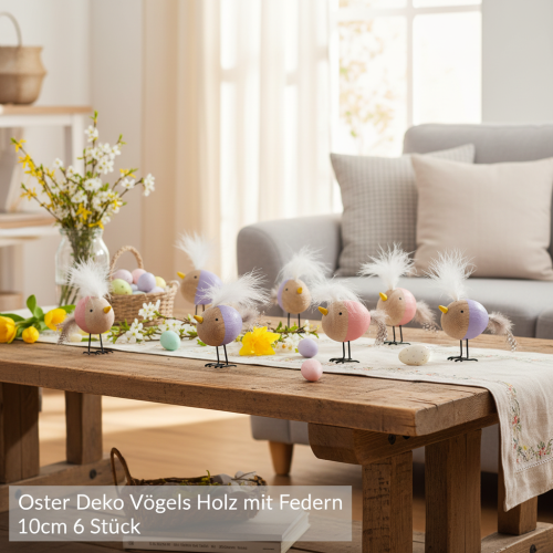 daiktų Dekoratyvinis medinis paukštis su plunksnomis ir spalvingu kūnu stalo dekoravimui, 10 cm, 6 vnt.