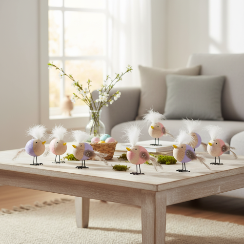 daiktų Dekoratyvinis medinis paukštis su plunksnomis ir spalvingu kūnu stalo dekoravimui, 10 cm, 6 vnt.