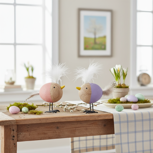 daiktų Dekoratyvinis medinis paukštis su plunksnomis ir spalvingu kūnu stalo dekoravimui, 10 cm, 6 vnt.