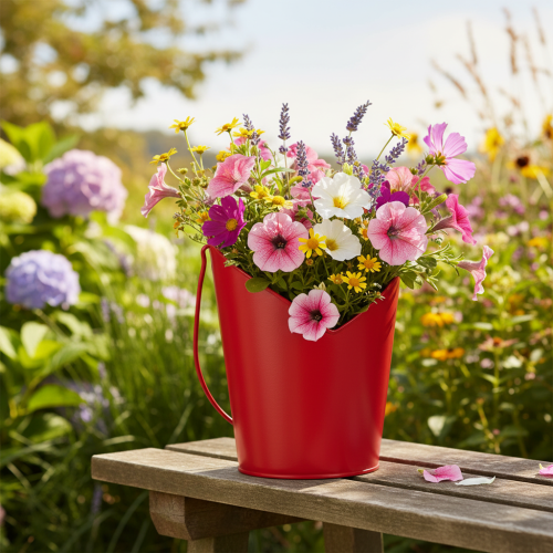 daiktų Metalinis vazonas su širdies formos dekoracija ir rankena, raudonas, Ø12cm, aukštis 15/9cm