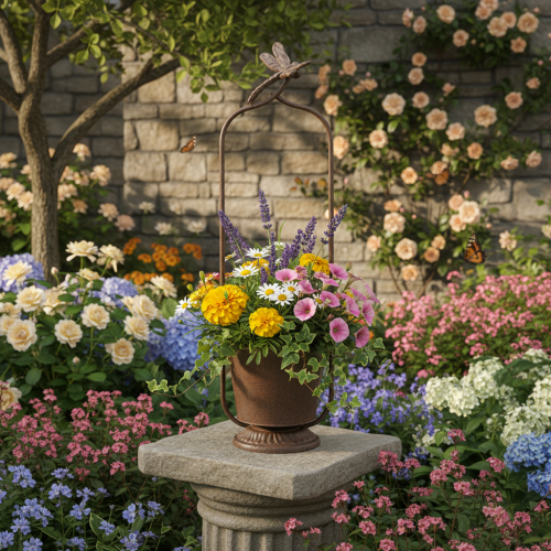 daiktų Vintažinis vazonas su grotelėmis, laumžirgio raštas, metalinis, Ø16/A62cm