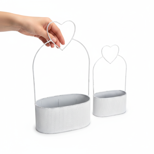 daiktų Dekoratyvinis ovalus metalinis dubuo su širdele, baltas, 20/16 cm, 2 vnt. rinkinys