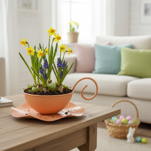 daiktų Metalinis dekoratyvinis puodelis, oranžinis, Ø11,5 cm, aukštis6 cm, su lėkštute, 2 vnt.