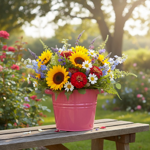 daiktų Dekoratyvinis vazonas, rožinis metalinis gėlių vazonas su rankenėlėmis, 31x26x21,5 cm