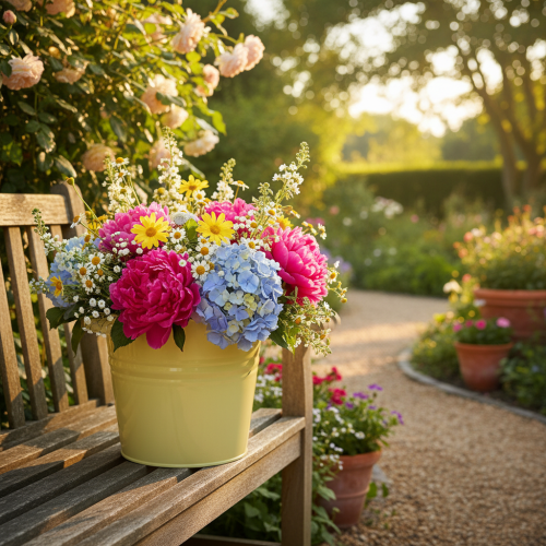 daiktų Dekoratyvinis metalinis vazonas, žalias/geltonas, gėlių vazonas, 31x26x21,5 cm
