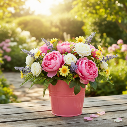 daiktų Metalinis kibirinis gėlių vazonas su rožine rankena 16x17,5x16cm 2vnt.