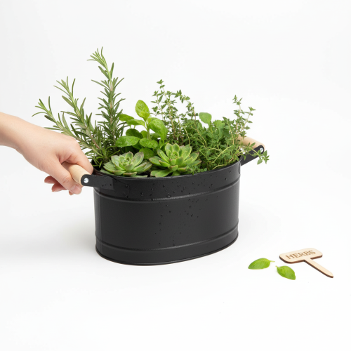 daiktų Metalinis ovalus gėlių vazonas su rankena, juodos ir natūralios spalvos, 34x19,5x15 cm