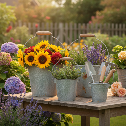 daiktų Dekoratyviniai metaliniai kibirėliai rūdžių spalvos, vintažiniai, Ø15/17,5/22 cm, 3 vnt. rinkinys