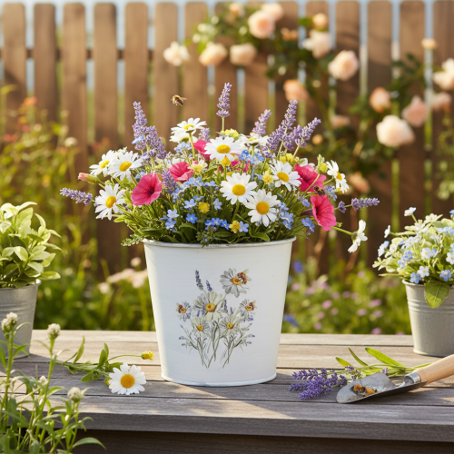 daiktų Metalinis gėlių vazonas, sodintuvas, baltas, 12,5 cm aukščio, 11,5 cm aukščio